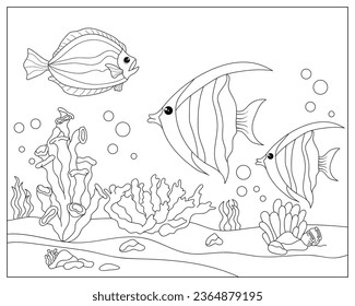 Vektorgrafik mit Algen und Fisch, Meeresboden. Cute quadratisches Farbbuch für Kinder. Einfache lustige Kinderzeichnung. Schwarze Linien, Skizze auf weißem Hintergrund.