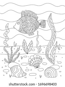 Vector illustration with algae, shell and fish, sea floor. Cute coloring book for children. Simple funny kid's drawing. Black lines, sketch on a white background.