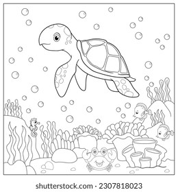 Ilustración vectorial con algas, tortugas y peces, suelo marino. Libro de colorear páginas cuadradas para niños. Dibujo simple y gracioso de un niño. Líneas negras, esbozar sobre un fondo blanco.