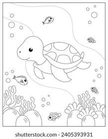 Vector illustration with algae, turtle and fish, sea floor. Cute square page coloring book for children. Simple funny kid's drawing.