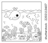 Vector illustration with algae, whale, turtle, dolpin, crab and fish, sea floor. Cute square page coloring book for children. Simple funny kid
