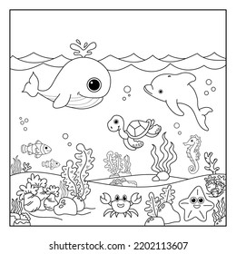 Vector illustration with algae, whale, turtle, dolpin, crab and fish, sea floor. Cute square page coloring book for children. Simple funny kid's drawing. Black lines, sketch on a white background.