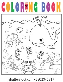 Vector illustration with algae, whale, turtle, sea horse, crab and fish, sea floor. Cute square page coloring book for children. Simple funny kid's drawing. Black lines, sketch on a white background.