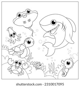 Vector illustration with algae, whale, turtle, shark, crab and fish, sea floor. Cute square page coloring book for children. Simple funny kid's drawing. Black lines, sketch on a white background.