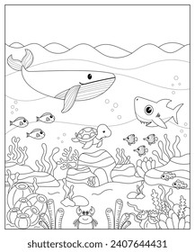 Vector illustration with algae, whale, turtle, shark, crab and fish, sea floor. Cute square page coloring book for children. 