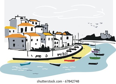 Vector Illustration Of Algarve Fishing Village, Portugal.