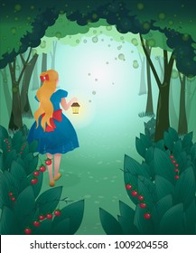 Vector illustration of Alice in wonderland with lantern on background of fairy forest. Fairy tales.