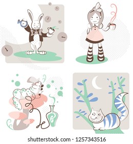 Vector illustration of Alice's Adventures in Wonderland : Alice, with a tea cup and stripes knee socks, the White Rabbit with clocks,  the Cheshire Cat on a tree and the Hookah Smoking Caterpillar