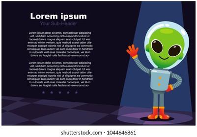 Vector illustration of alien character in space suit waving hand with space for your text, message