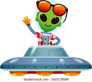 Vector illustration of alien character in spacesuit and Hawaii shirt on spaceship, UFO 