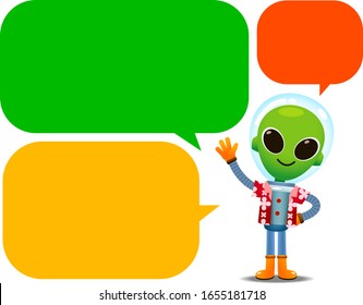 Vector illustration of alien character in spacesuit and Hawaii shirt waving hand with many speech bubble isolated on white background