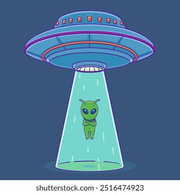 La Ilustración vectorial de un extraterrestre proviene de un platillo volador. Carácter de cartón de alienígena y objeto volador no identificado.