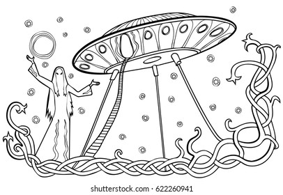 Vector illustration alien and flying saucer UFO, fantasy symbol of mystery and ancient knowledge 