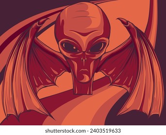 vector illustration of alien head with bat wing on white background