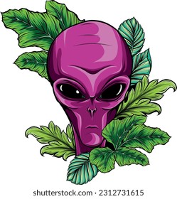 vector illustration of Alien head with leaveson white background