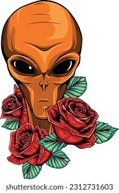vector illustration of Alien head and red roses flowers.