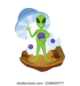 Vector illustration alien with his space and spaceship background.