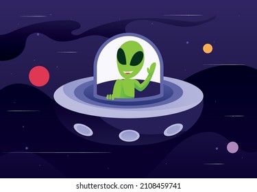 Vector illustration alien invansion spaceship isolated on space background.