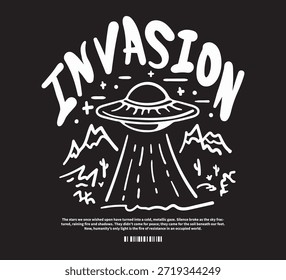 Ilustração vetorial de arte de invasão alienígena para camiseta, cartaz, logotipo, emblema etc.