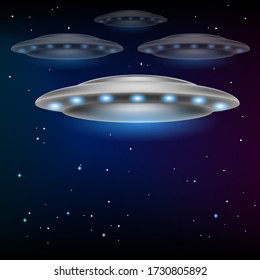 Vector illustration alien invasion flying saucers in the night sky or space