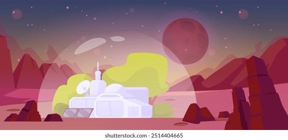 Ilustración vectorial de un paisaje ajeno con montañas desérticas. Una estación de investigación con árboles bajo una cúpula está en el centro contra un cielo estrellado y la luna. Perfecto para el diseño de juegos. Estilo plano.