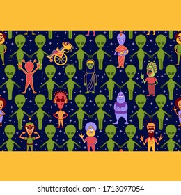 Vector illustration of an alien man with a beard, glasses, headphones, a wheelchair, a nudist, a hijab with a child. Cheerful seamless pattern with cartoon characters of different nationalities.