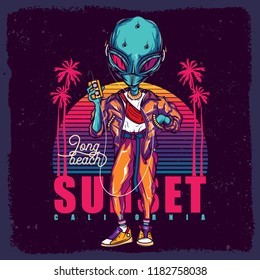 Vector illustration of the alien on the background of the neon sunset and palm trees, with a cassette player in his hands.