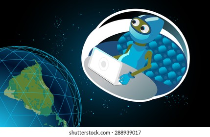 Vector illustration of alien on a spaceship blasts from the planet. 