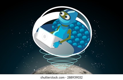 Vector illustration of alien on a spaceship blasts from the planet. 