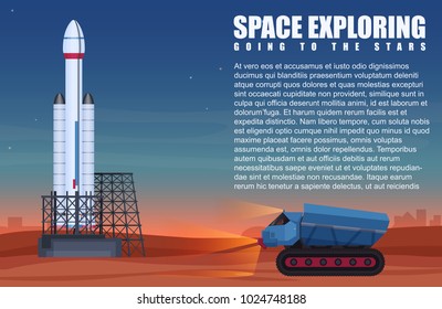 Vector illustration of alien planet heavy vehicle over and spaceship prepared to start.
