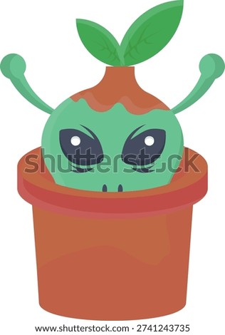 Vector illustration of an alien plant in a decorative pot, featuring unusual shapes and vibrant colors.