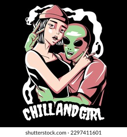 ilustración vectorial de un alien abrazando a una chica hermosa. Con el texto Chill and Girl. Recomendaciones para diseños de camisetas de ropa.