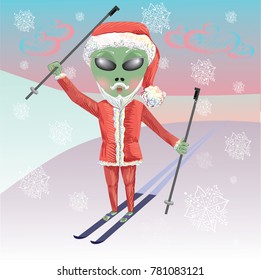 Vector illustration of alien in Santa costume skiing from slope. Fantasy, humanoid, fiction, winter sport, Santa Claus, Christmas, New Year, holiday, celebration, winter vacations concepts