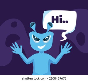 Vector illustration alien say hi with textbox isolated on purple background.