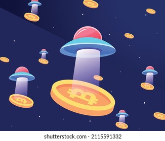 Vector illustration alien spaceship abducts bitcoin cryptocurrency background.