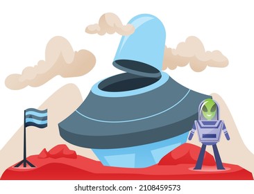 Vector illustration alien spaceship landing in mars background.