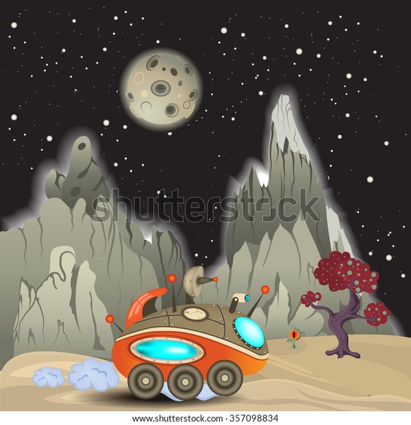 Vector\
illustration of an alien surface with a space\
car.