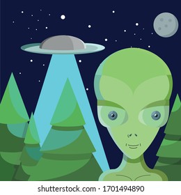 vector illustration with an alien and UFO