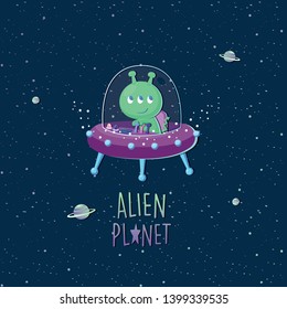 Vector illustration alien in UFO with galaxy background.