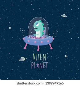 Vector illustration alien in UFO with galaxy background.