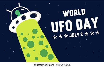 Vector illustration, Alien with UFO plane resembling a flying saucer hovering in the sky, whether used for banners, posters or templates, world UFO day.