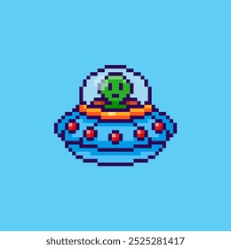 Ilustração vetorial de Alien em nave espacial UFO com Pixel Art Design, perfeito para recursos de jogo projetos temáticos