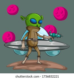 Ilustración vectorial Aliens con armas de fuego paradas frente a la nave espacial