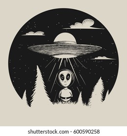 Vector illustration with alien.Sweet humanoid landed from UFO in forest