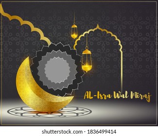 Vector illustration of Al-Isra Wal Miraj means the night journey of moon, lanterns,  Islamic greeting banner template. Islamic archway, gateway 