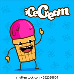  Vector illustration of alive melting smiling ice cream with blue background and pattern of snowflakes and lettering of ice cream.