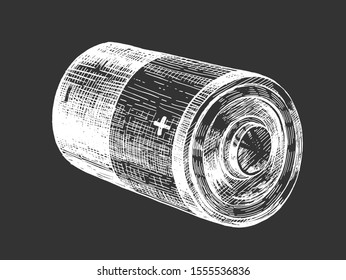 Vector illustration of alkaline battery with different polarity. Cylindrical shape electrical power accumulator with plus and minus charge pole. Vintage hand drawn style.  White drawing on black.