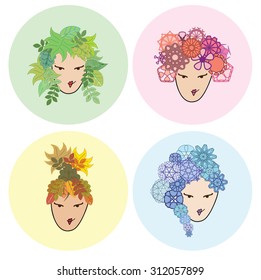 Vector illustration for all 4 seasons symbolized with 4 girls with different hairstyles and colors