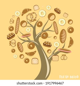Vector illustration. 
All details on separate layers. Bread tree. Fabulous drawing, many different grow on tree branches. Silhouette of a tree without leaves. Can be used as illustrations in a book.