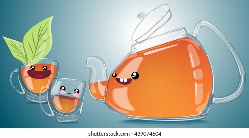 Vector Illustration. All elements are separate from each other. Glass transparent teapot and cups, cute Kawainui expressing emotions. Use decorating web design, books, pages, wall in cartoon style.